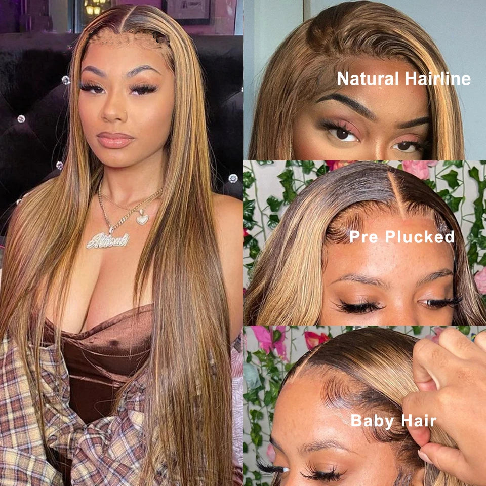 Brazilian Highlight Human Hair Lace Front Wig, Honey Blonde Straight, 13x4 13x6 HD Lace
