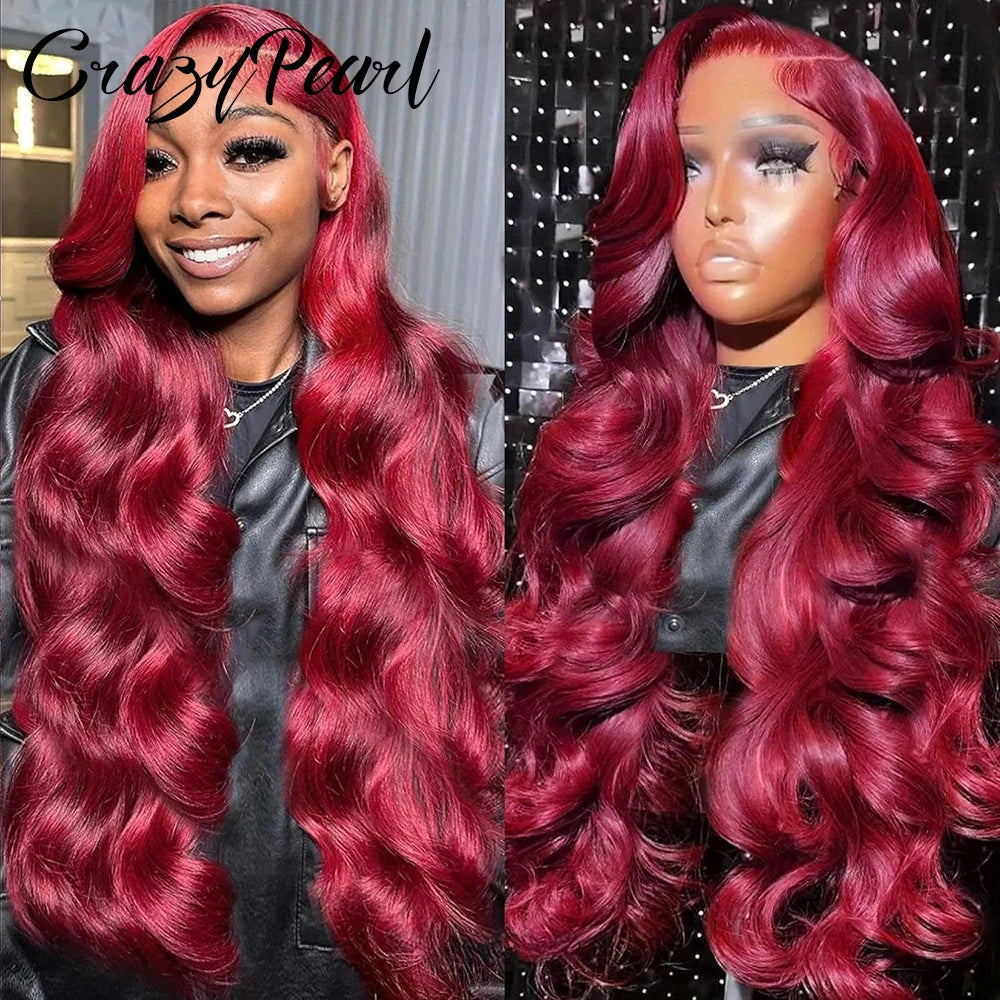 99J Burgundy 13x6 Lace Front Wigs Human Hair Red, 250% Density Body