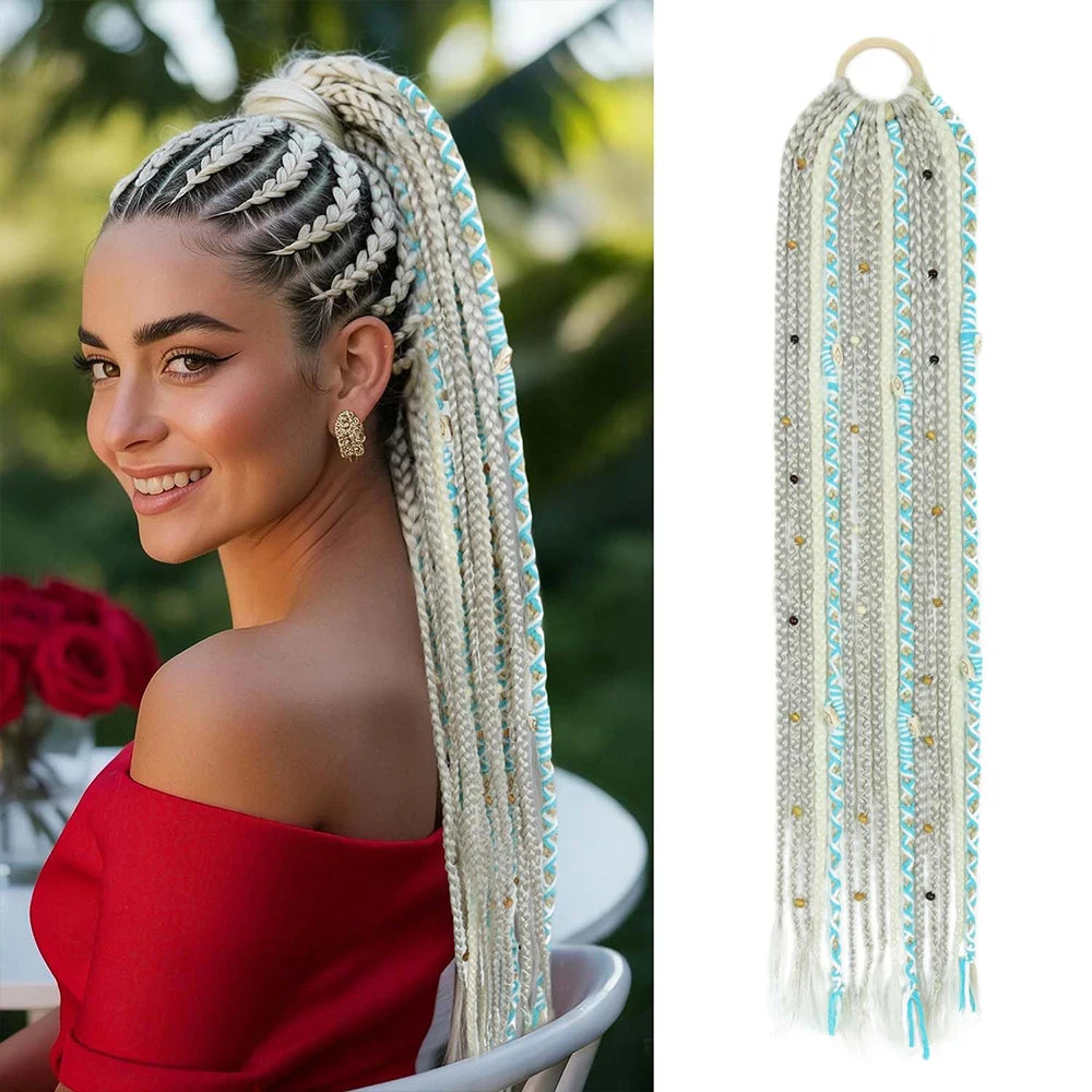 24" Boho Braided Ponytail Extension with Hair Tie Hand-Braided Viking Dreadlock Beaded Synthetic Hairpiece