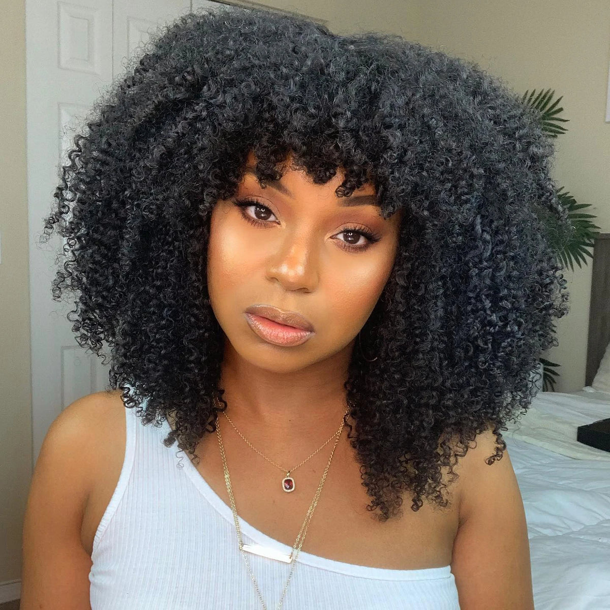 Mongolian Curly Afro Kinky Human Hair Wigs Bangs Without Glue Bouncy Density