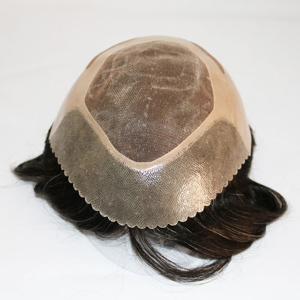 28mm Curly Men's 1B80 Gray Brown Black Human Hair Durable Bond Mono