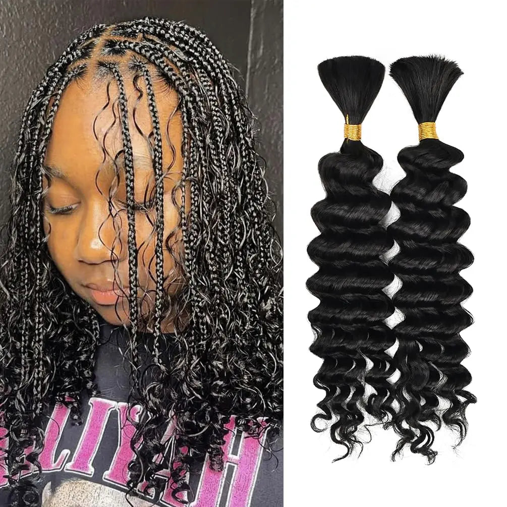 Deep Wave Bulk Human Braiding Hair for Boho Braids - Brazilian Virgin, 14 Inch, 100g (2 Bundles)