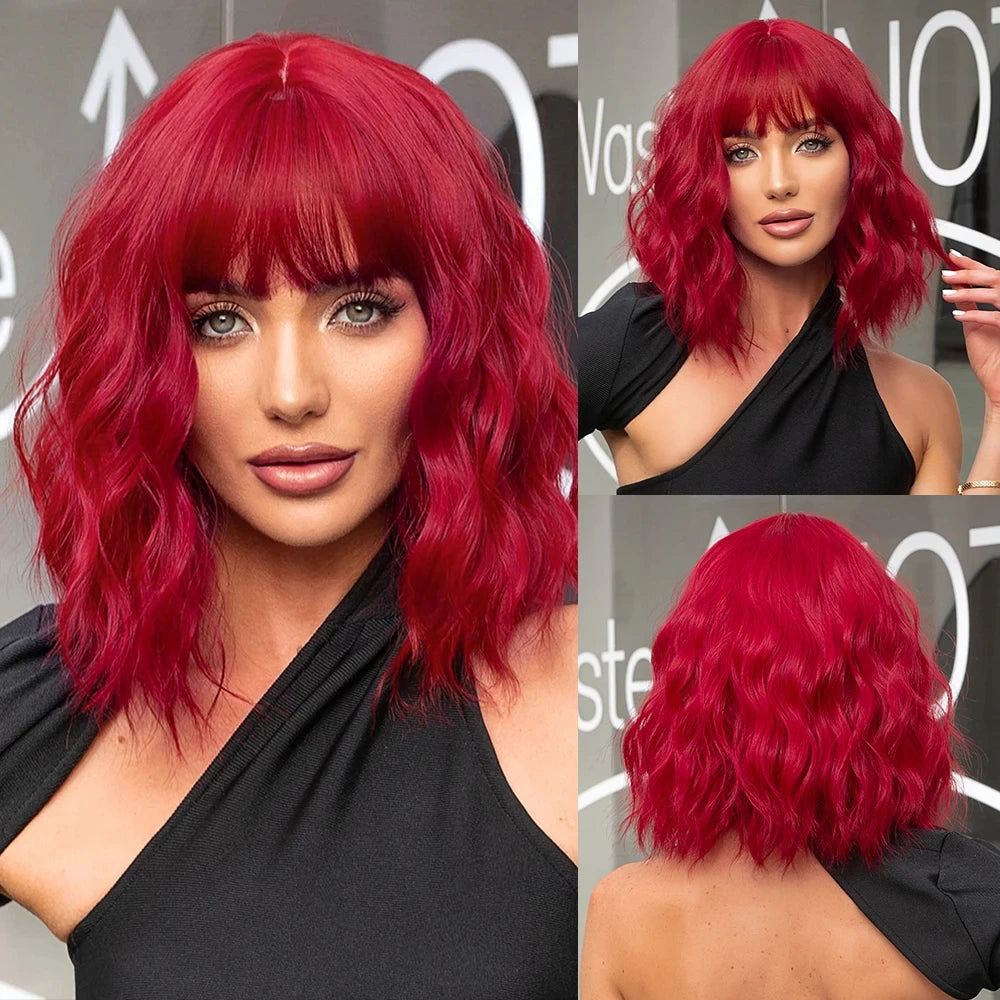 Pink BOBO Synthetic Wigs Short Natural Wave Hair Wig Party Daily High Density Heat Resistant