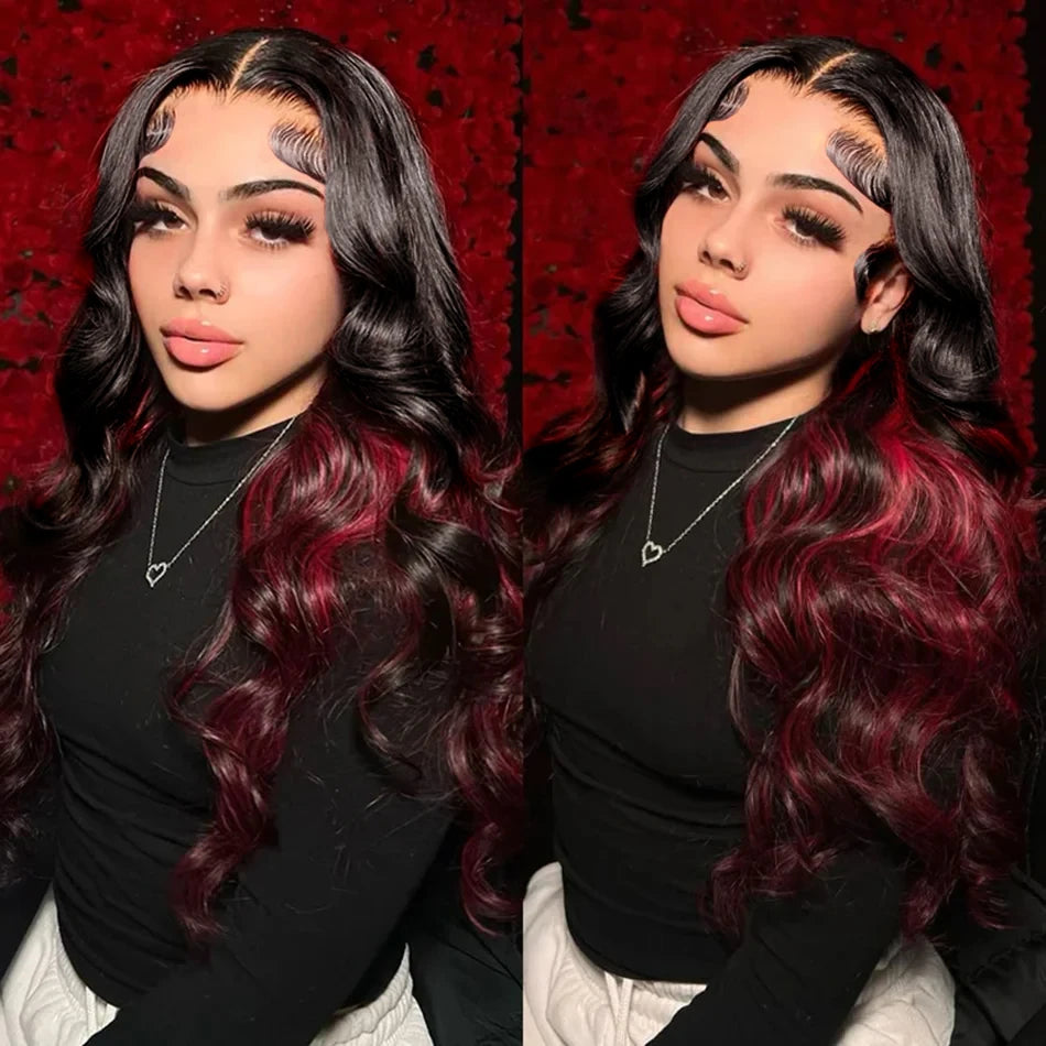 1B/99J Body Wave, 13x4 HD Lace Front Highlight Wig Synthetic Density Ombre