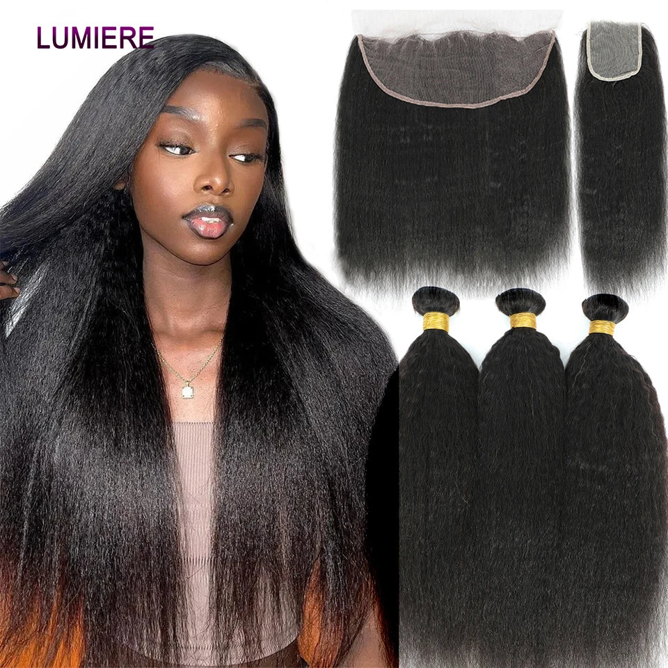 Kinky Yaki Straight Human Hair Bundles Closure Frontal HD Transparent Brazilian Deep