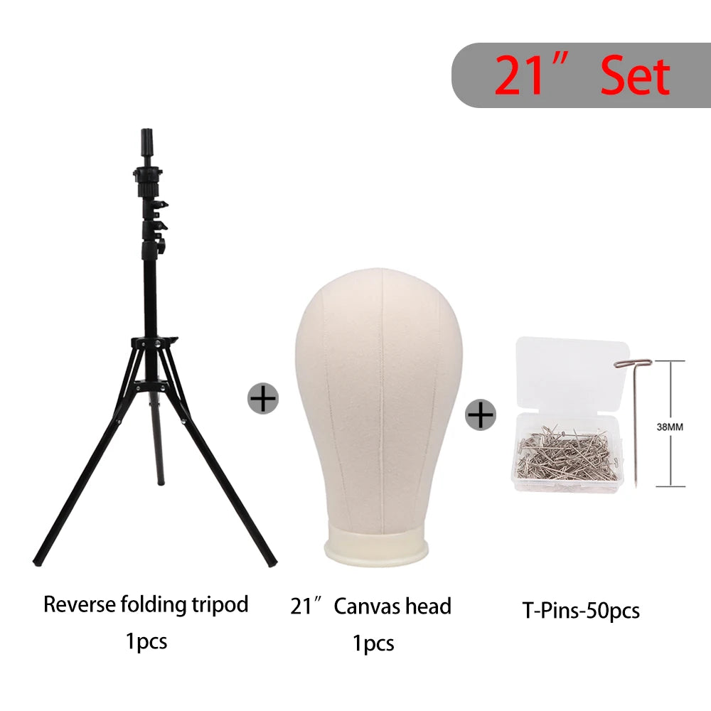 Foldable Wig Stand Tripod With 21-25Inch Canvas Head Black Male Bald Head Mannequin With Stand Wig Head Stand Tripod