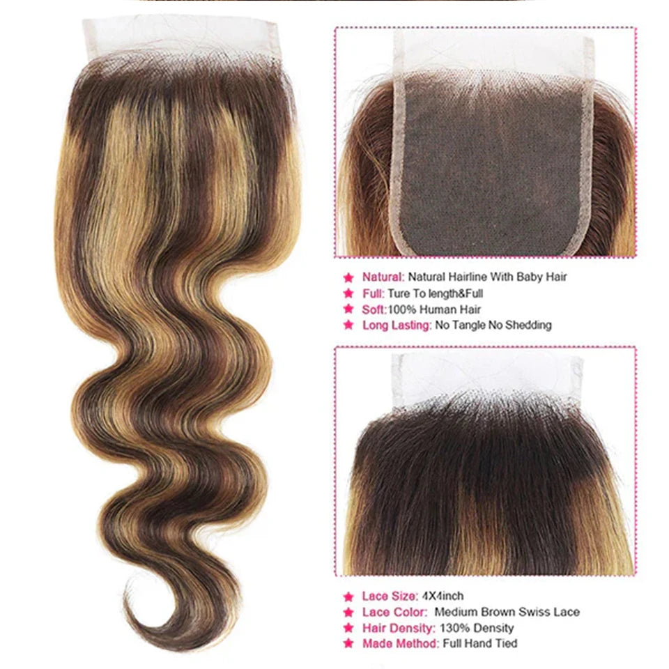 P4/27 Highlight Human Hair Bundles, 4x4 Body Wave Lace Closure Brazilian Remy