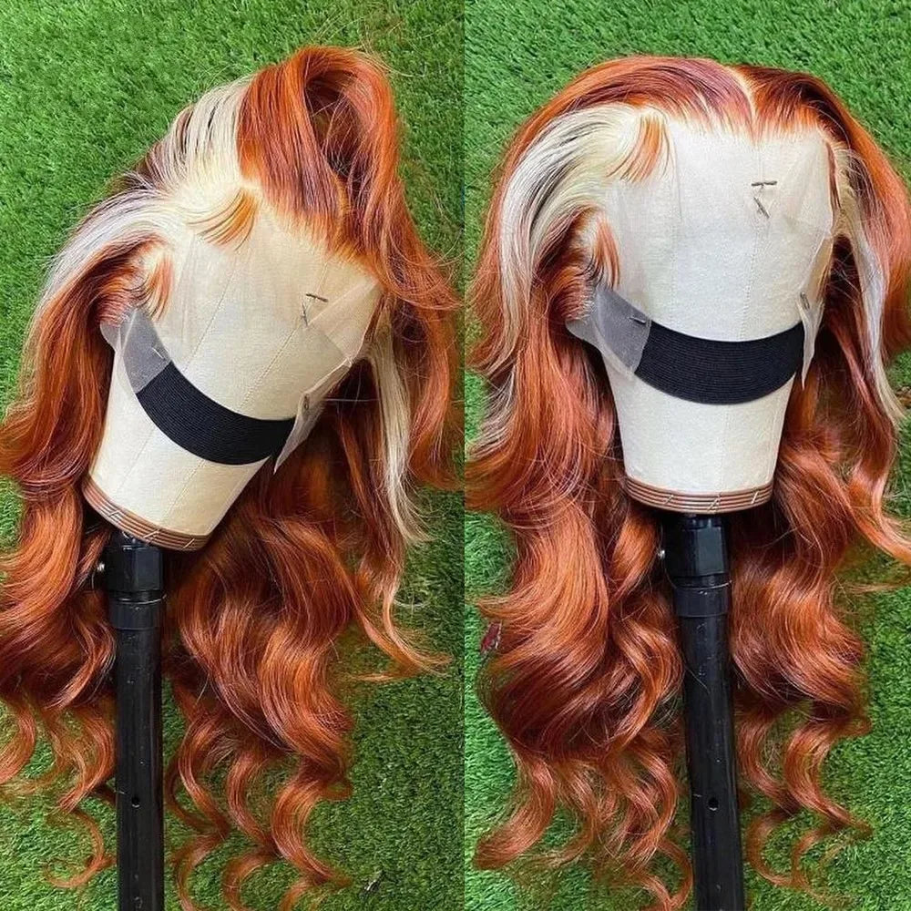 180% Density Brown Roots Ash Blonde Body Wave Lace Frontal Wig, 13x4, Ombre, Synthetic Blend