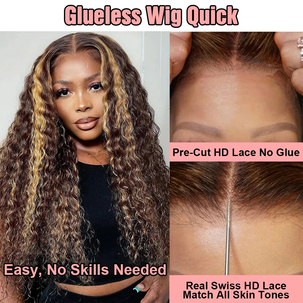 Honey Blonde Curly Wigs, 13x6 Glueless Highlight Human Hair Ready To Wear