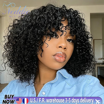210% Density Curly Human Hair Wigs Bangs Glueless Short Bob Machine Made