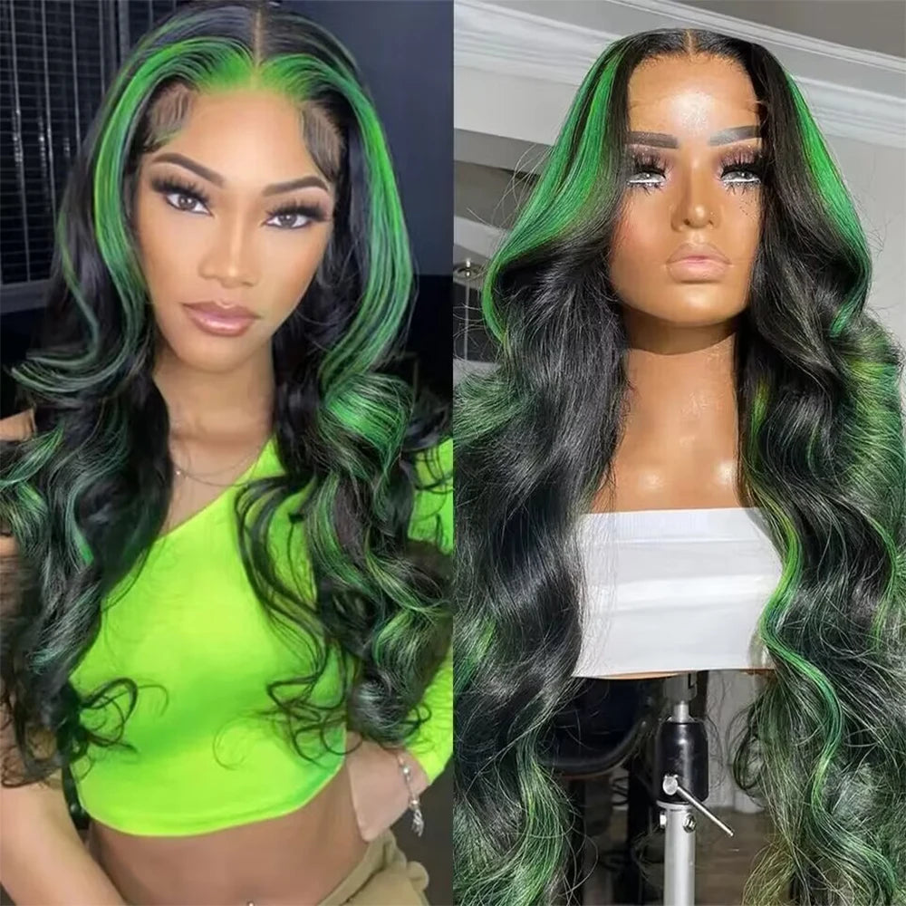 Black and Green Highlight Body Wave Human Hair Lace Frontal Wig, 13x4 13x6, Ombre, Pre-Plucked
