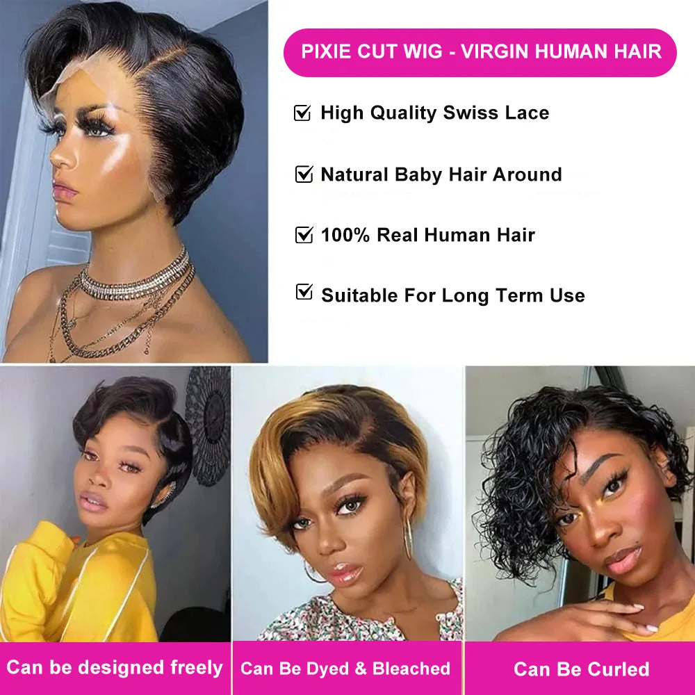 Pixie Cut 13x4 Transparent Lace Front Wigs Short Bob Brazilian Straight HD