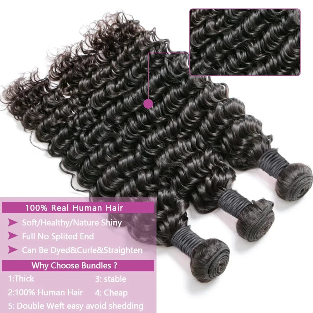Deep Wave Human Hair Bundles Curly, 100% Brazilian Raw Extensions