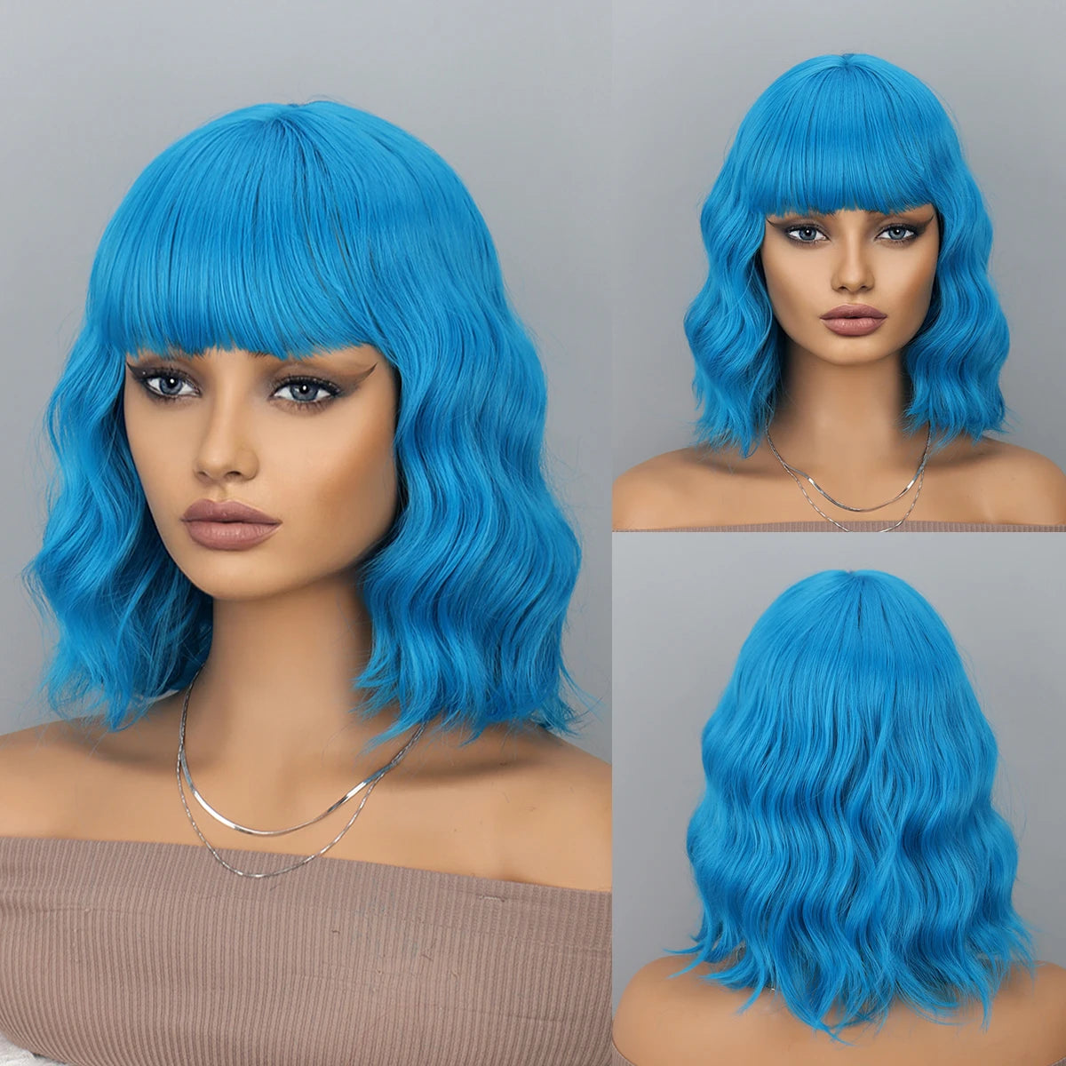 Blue Bob Wigs Bangs Short Colorful Wavy Curly Synthetic Cosplay Halloween Costume