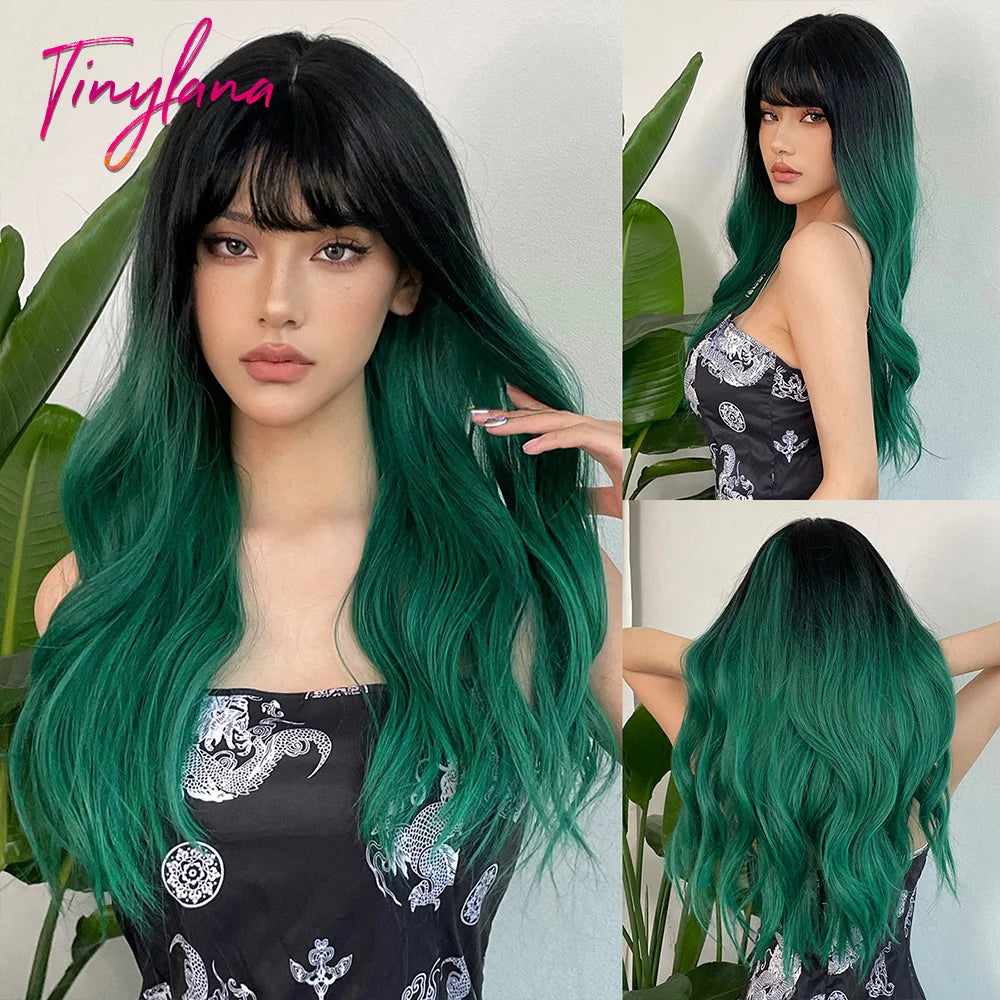 Super Long Black Wavy Synthetic Wigs Bangs Afro Dark Water Wave Halloween