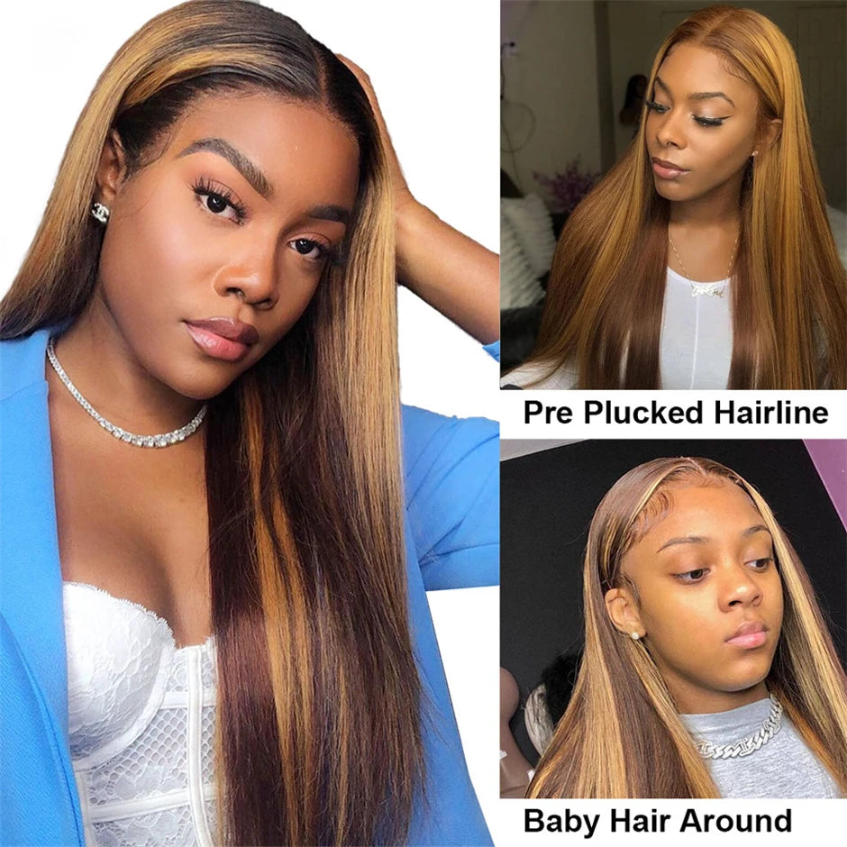 13x4 HD Highlight Lace Frontal Wigs Honey Blonde Brazilian Glueless Ombre Straight