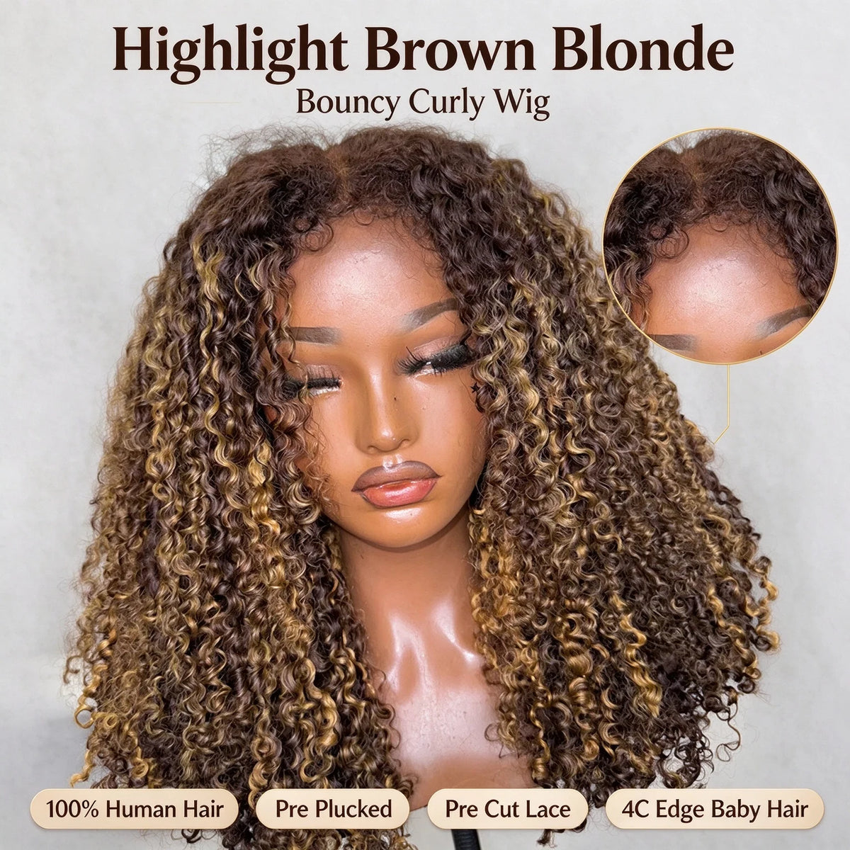 Highlight Ombre Honey Blonde Human Hair Wig 4c Edges, 13x4 Bouncy Curly