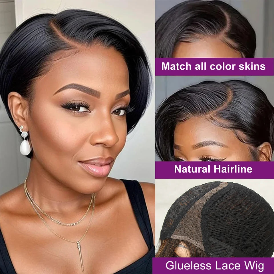 Glueless Straight Pixie Cut Human Hair Wigs Short Right Part Lace Natural