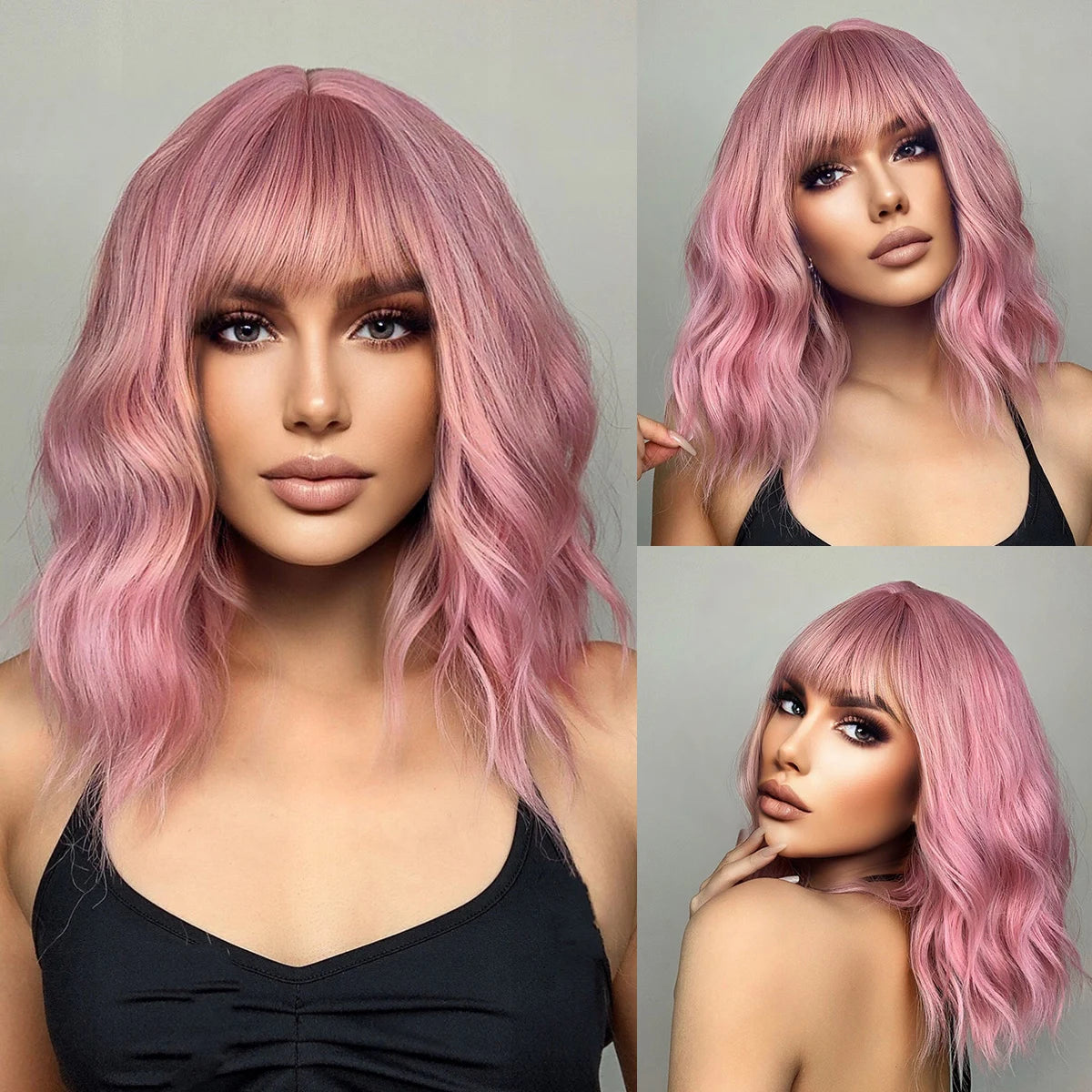 Pink BOBO Synthetic Wigs Short Natural Wave Hair Wig Party Daily High Density Heat Resistant