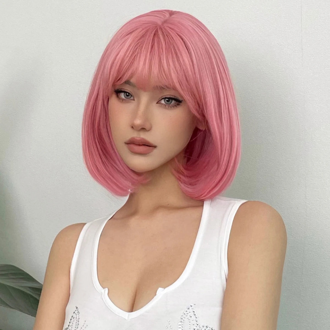 Short Straight Bob Synthetic Wigs Pink Natural Hair Bangs Cosplay Cute Heat