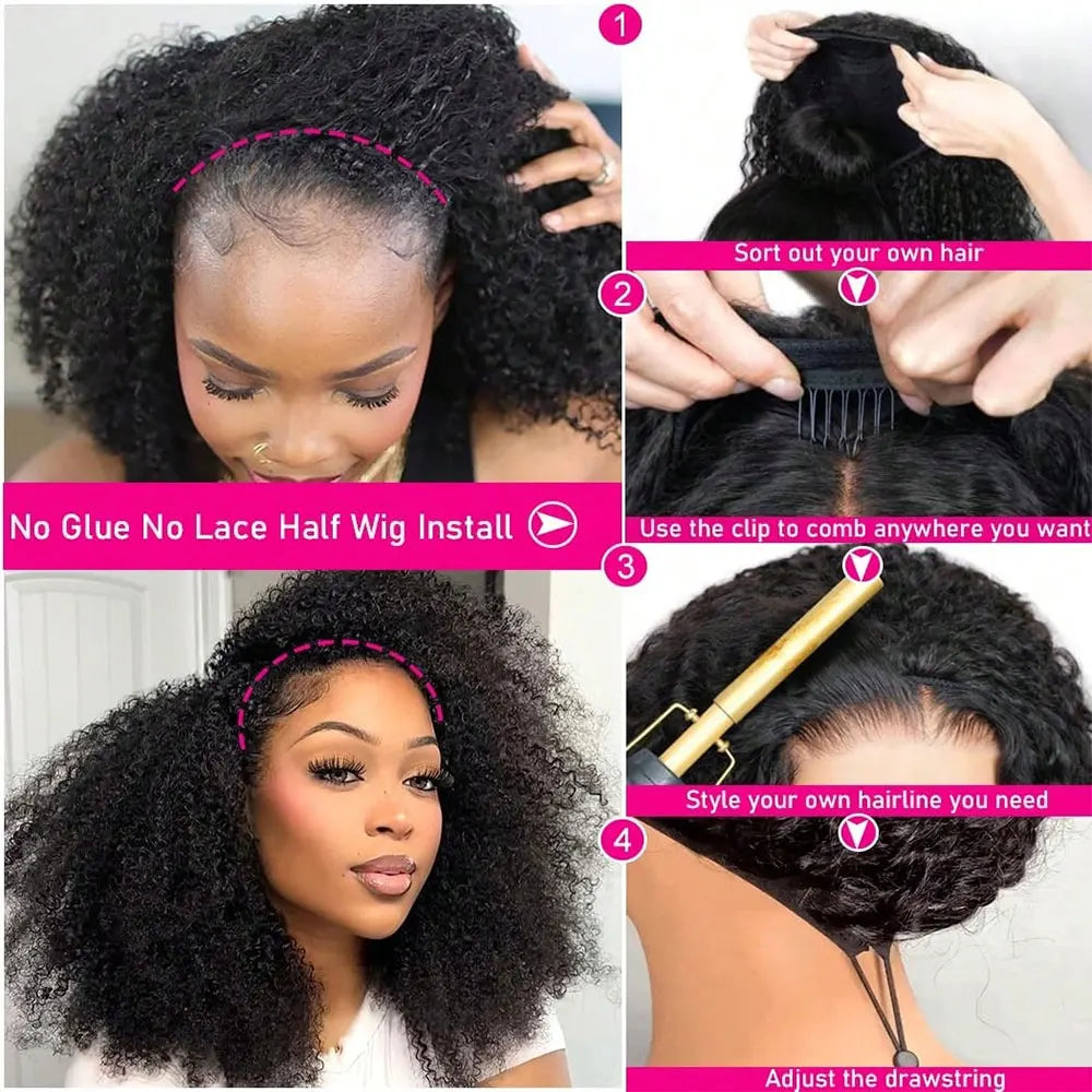 Jerry Curly Half Wig Human Hair Seamless Kinky in Machine Heandband Clip