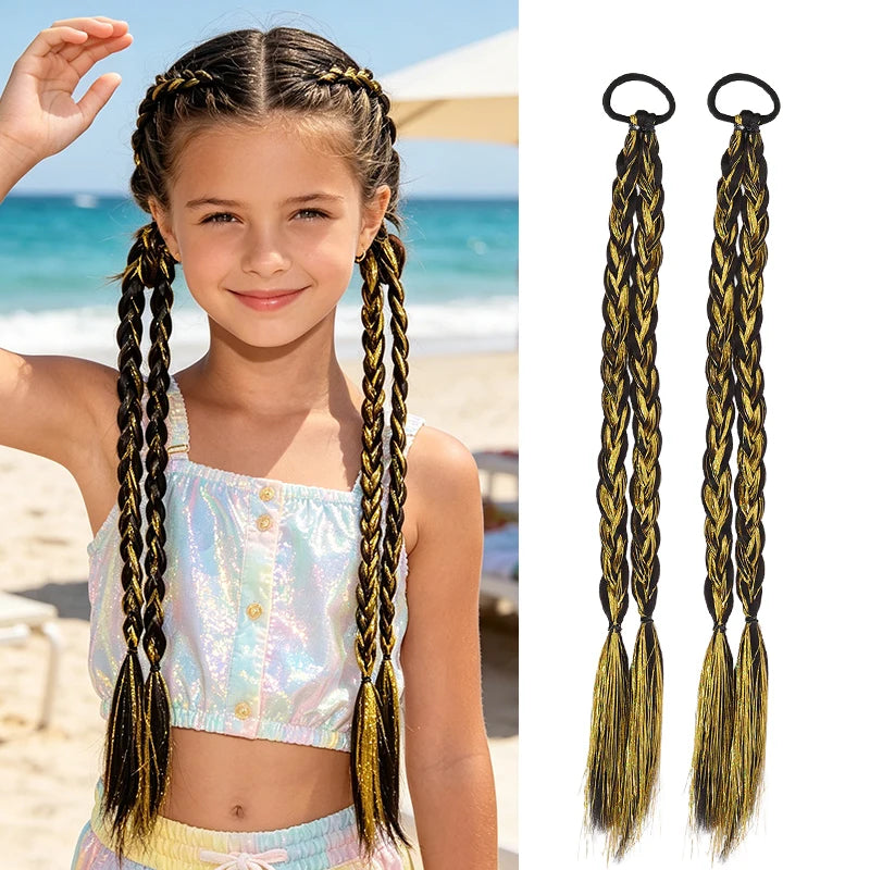 Trendy Pair Pack Synthetic Fiber Laser Highlights Braided Ponytail Wig Girls Streetwear