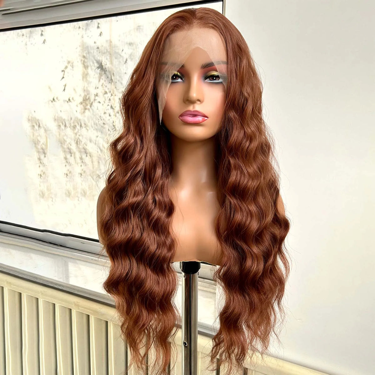 Ginger Brown Wig Long Curly Wavy Synthetic Middle Part Loose Deep Wave