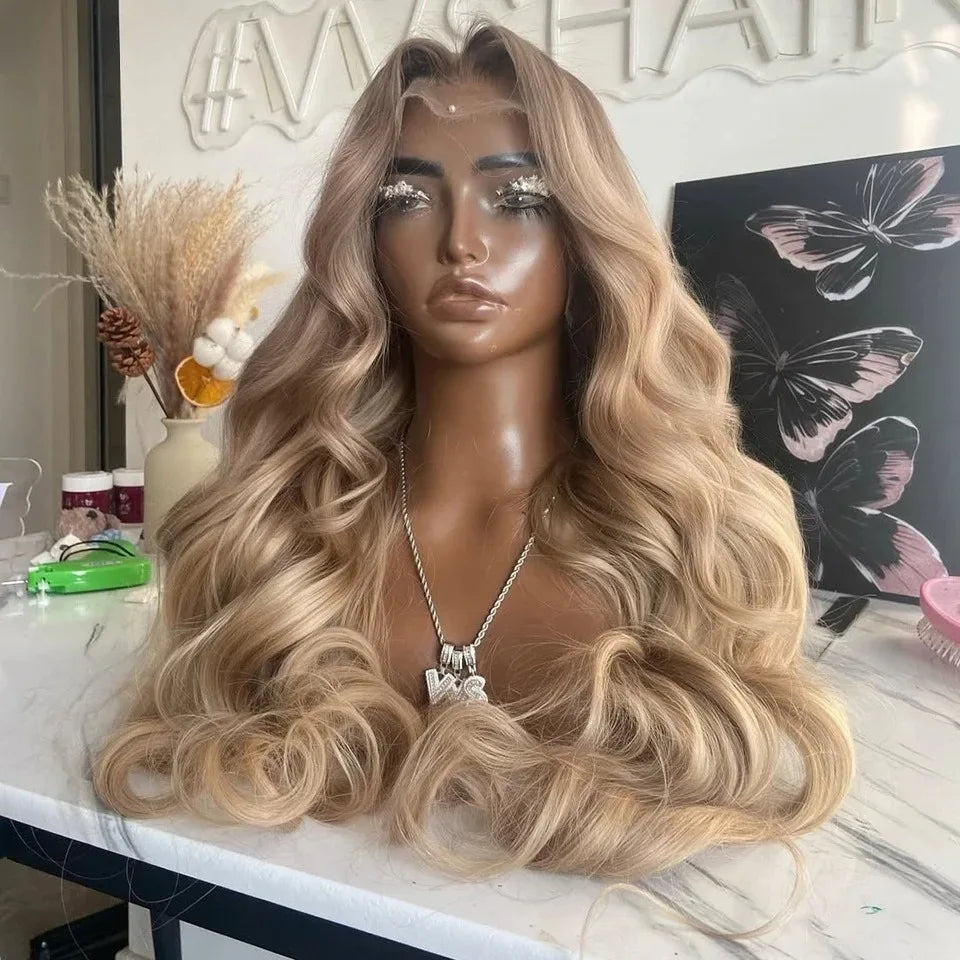 180% Density Brown Roots Ash Blonde Body Wave Lace Frontal Wig, 13x4, Ombre, Synthetic Blend