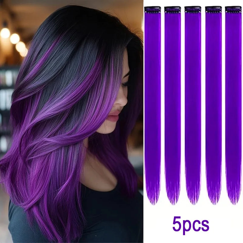 20Inch Synthetic Colorful 5pcs/set Clip Hair Extensions High Temperature Long Straight Hairpieces Daily Party Use