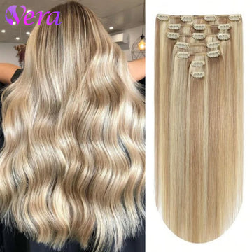 Clip in Hair Extensions, 100% Real Human P8/613 Color Brown Highlight Blonde