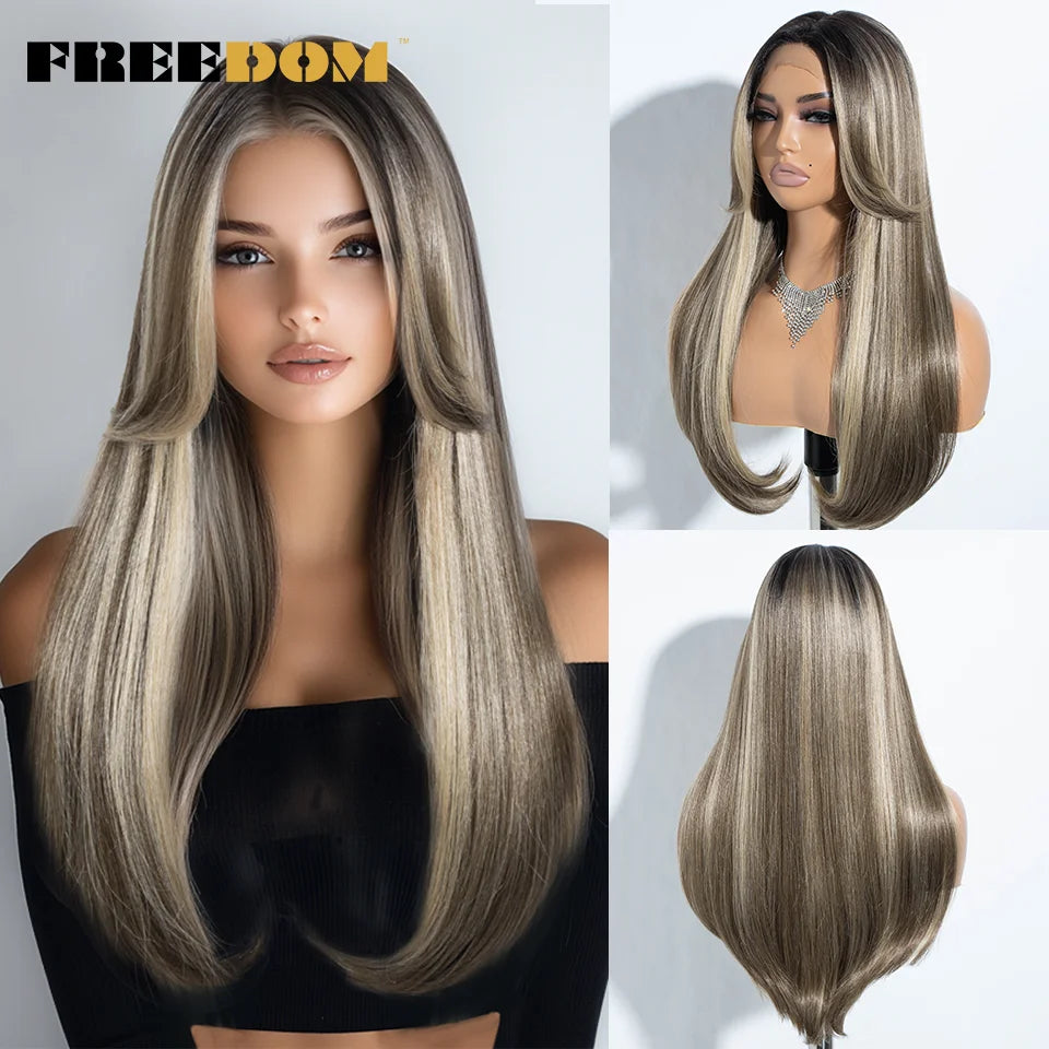 Straight Synthetic Lace Front Wigs Long Bangs Ombre Brown Blonde Highlight Cosplay