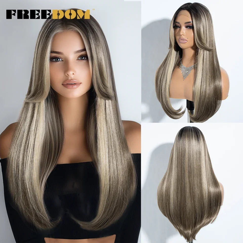 Straight Synthetic Lace Front Wigs Long Bangs Ombre Brown Blonde Highlight Cosplay