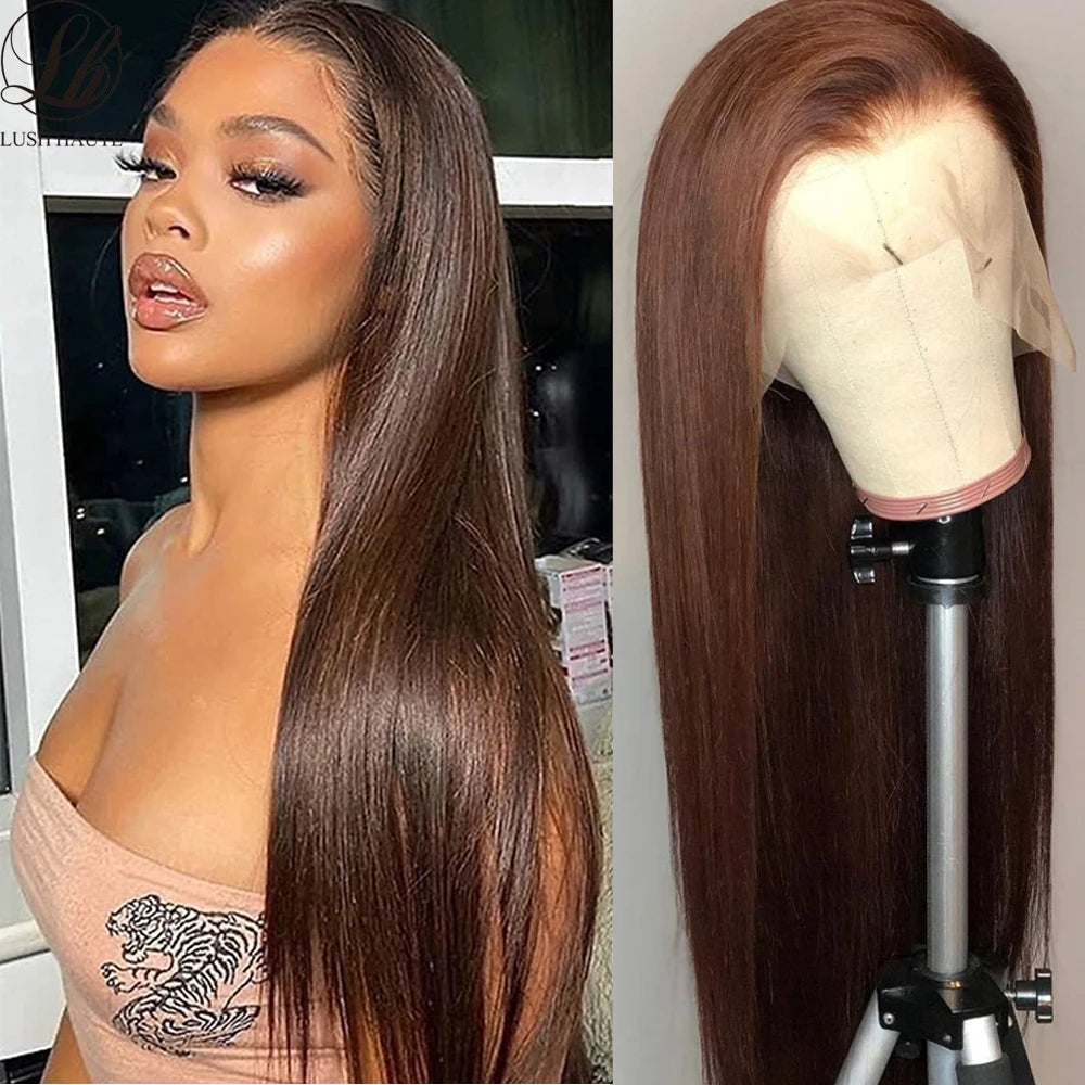 Chocolate Brown Straight Lace Front Wig Synthetic Density, 13x4 HD Transparent Full