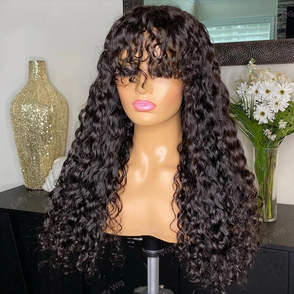 Long Water Wave Human Hair Wigs Bangs Glueless Fringe Kinky Curly Bob
