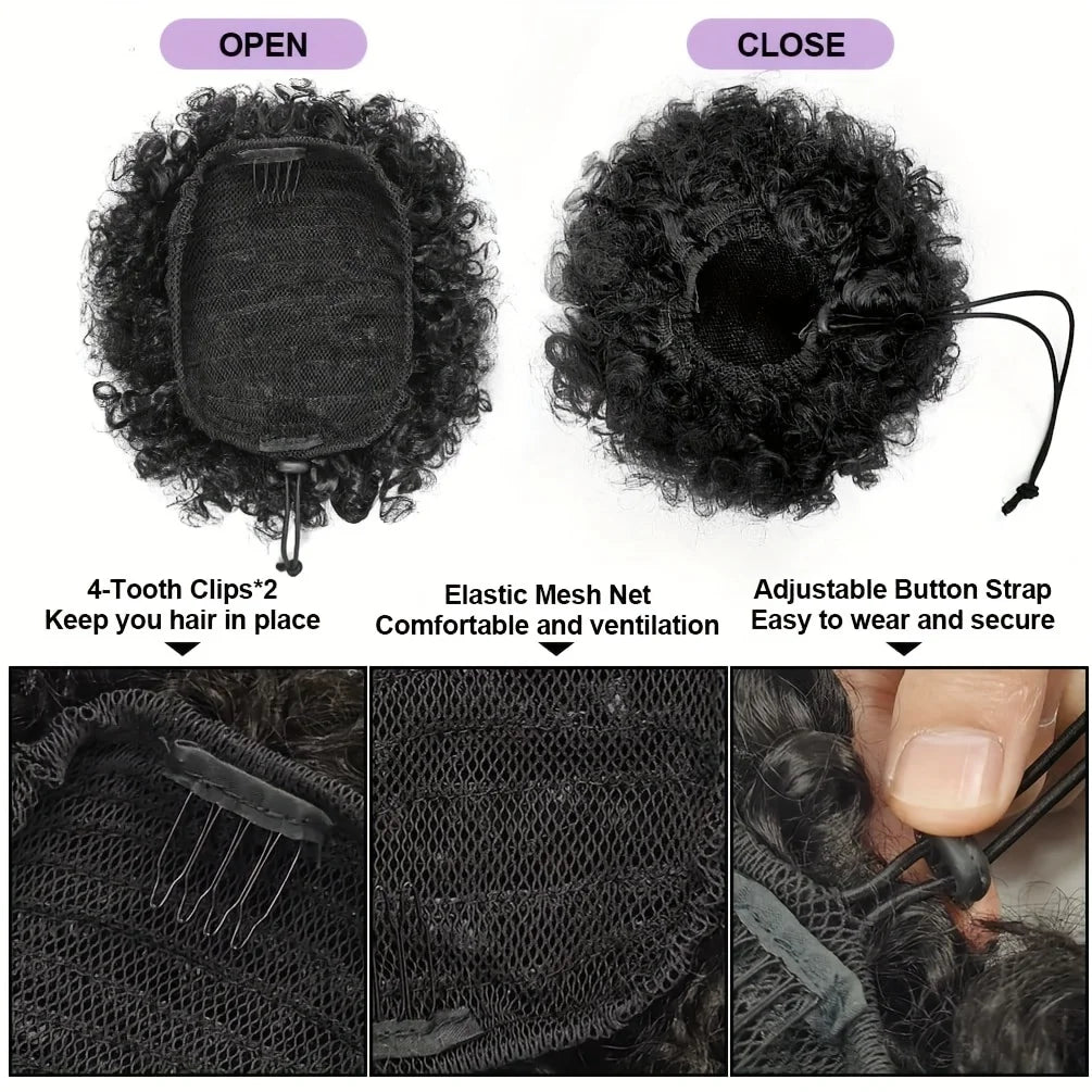 Human Hair Buns Ponytail Brazilian Afro Kinky Puffs Short Curly Drawstring Extensions