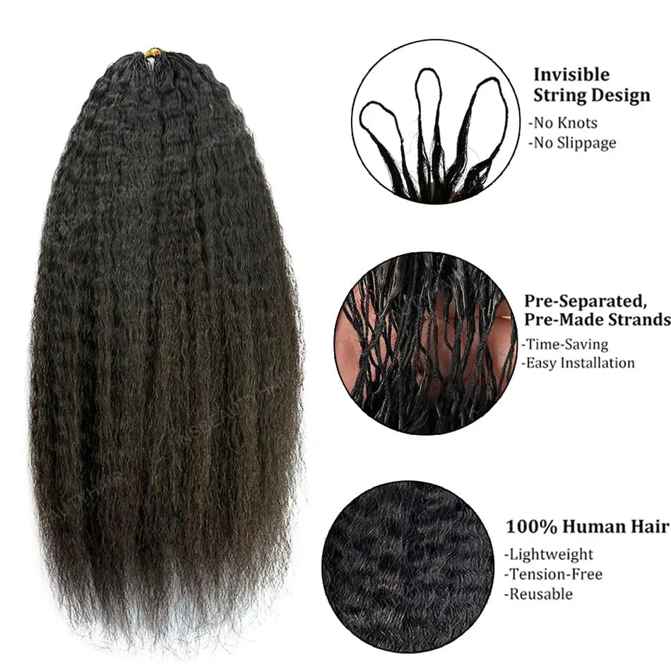 Kinky Straight Human Crochet Hair Extensions, 26-30 Inch, Pre-Separated Feather Crochet, Natural Black