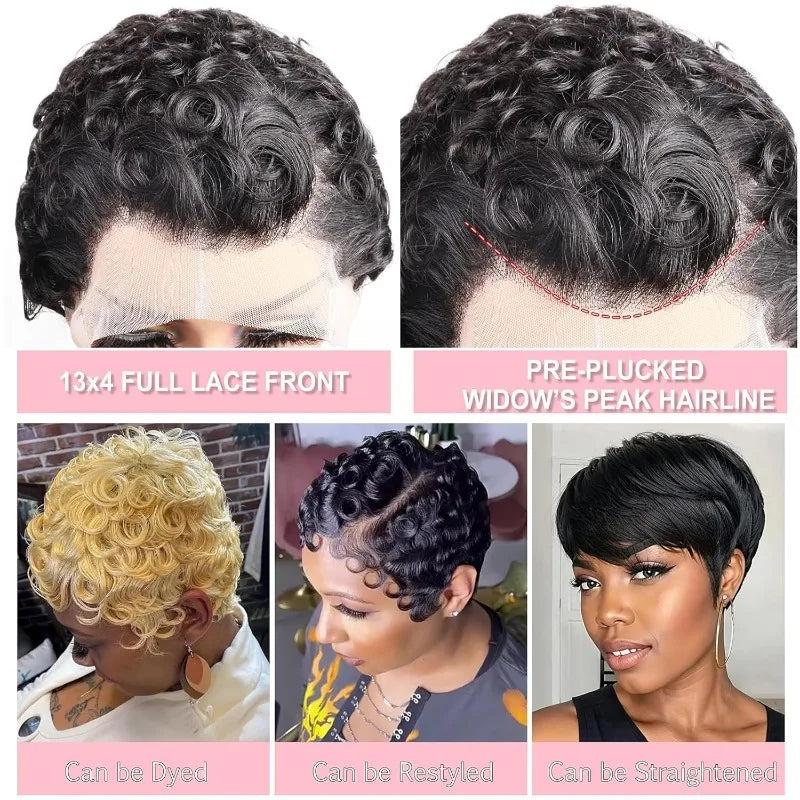 Curly Pixie Cut 13x4 Lace Front Wig, Human Hair, Short Layered Glueless Wig, Pre Plucked with Bangs, Natural Black