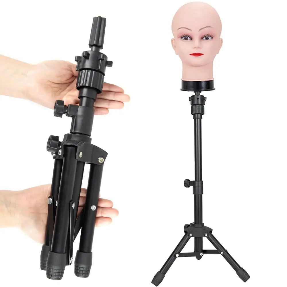 Mini Adjustable Wig Stand Tripod Metal Holder Mannequin Head Canvas Foam Hairdresser