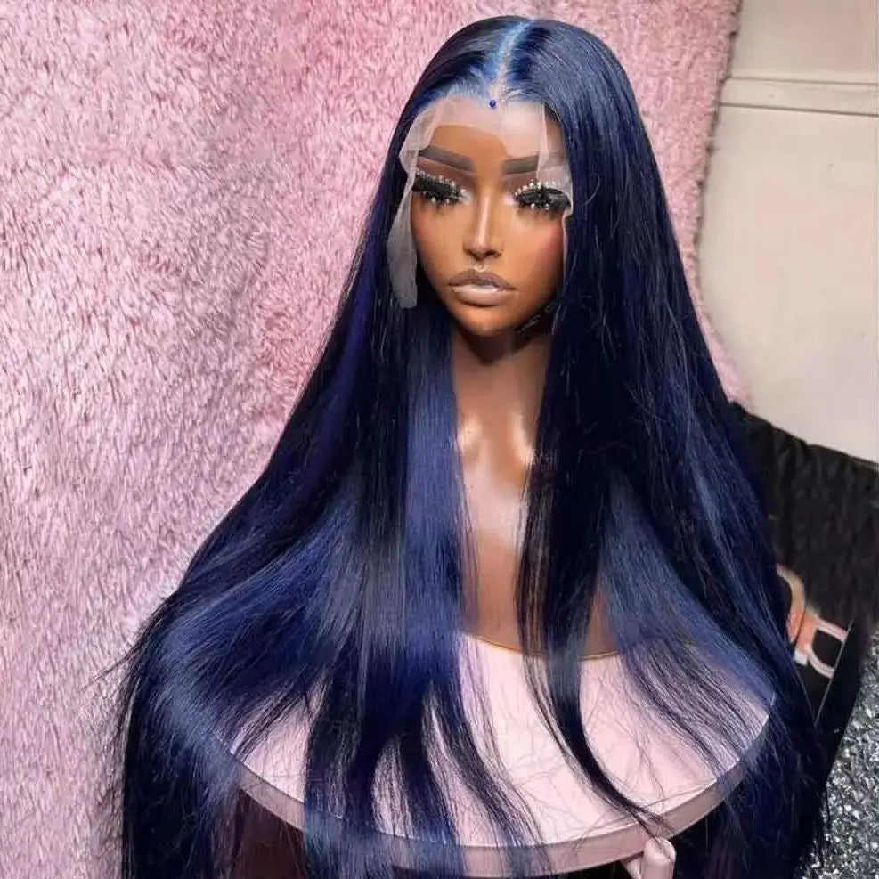 Midnight Blue Wig Long Straight Lace Fornt, 13x4 HD Glueless Synthetic Blend