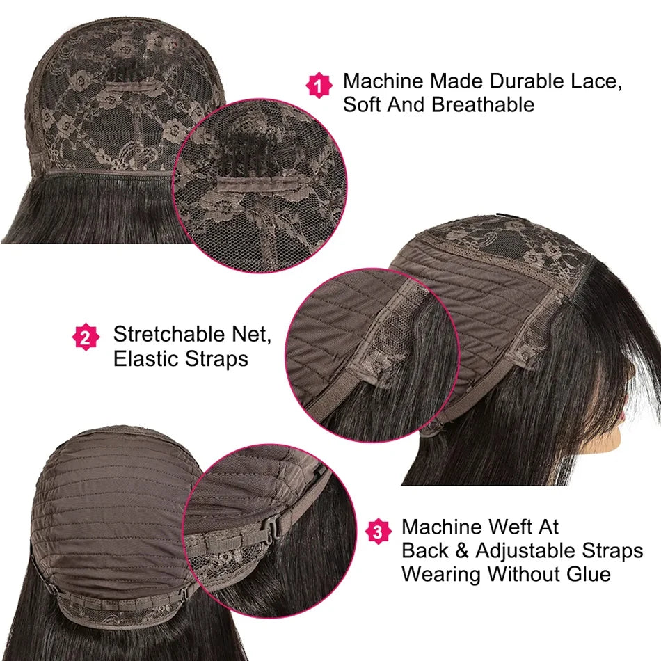 Straight Wigs Bangs Human Hair None Lace Front Brazilian Virgin Glueless Machine