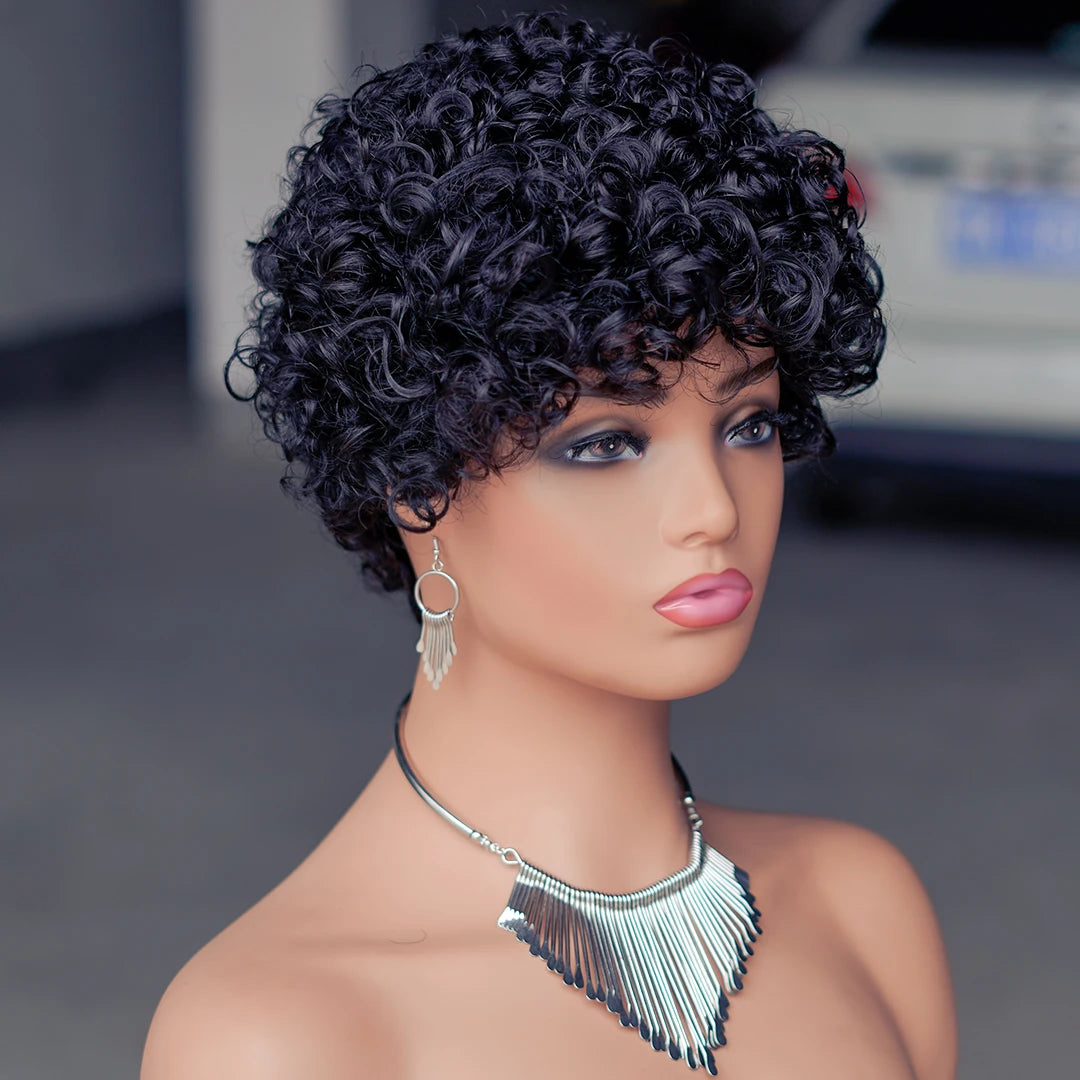 99J Red Rose Curly Short Bob Pixie Cut Human Hair Wig Ombre