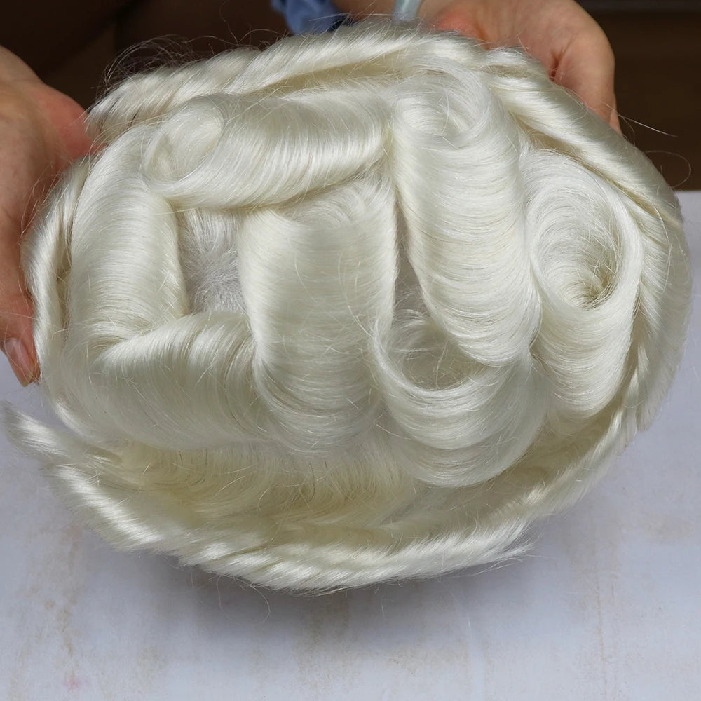 Men's Platinum Blonde 100% Human Hair V-looped PU 120-130% Density Toupee for Men 0.06-0.08mm Skin Base Hair Prosthesis System