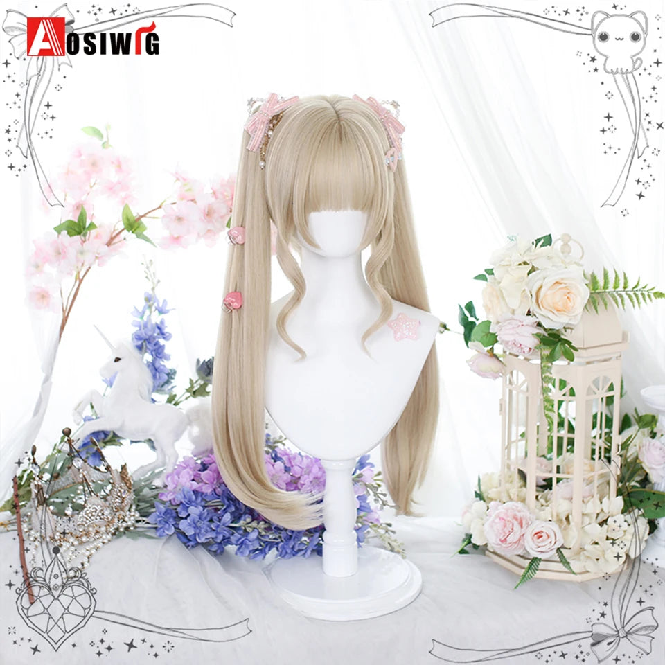 Blonde Twin Ponytail Princess Cut Natural Short Hair Synthetic Wigs Bangs Heat