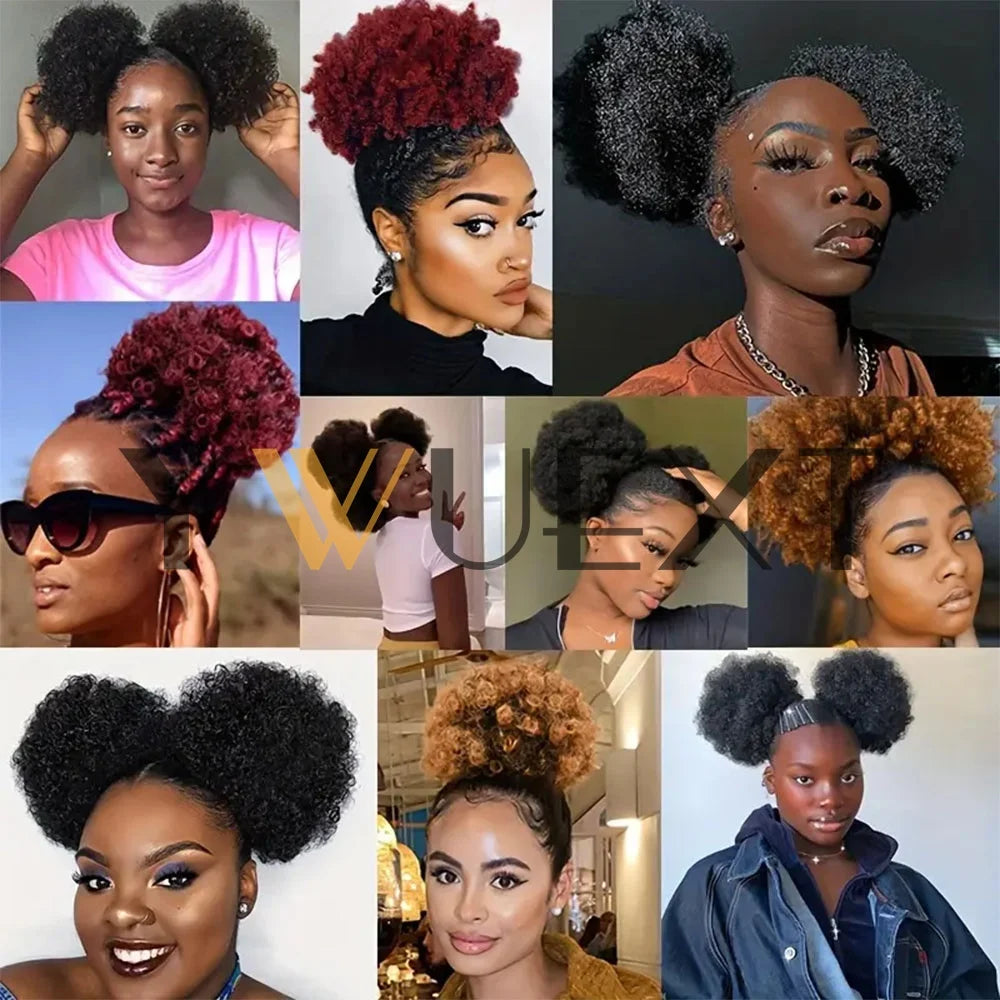 Afro Puff Ponytail 4-6 Human Hair Extensions Clip On Kinky Drawstring Curly