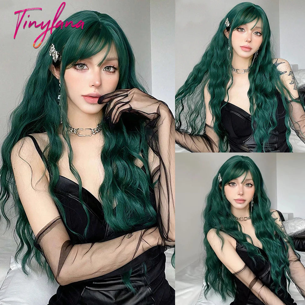 Super Long Black Wavy Synthetic Wigs Bangs Afro Dark Water Wave Halloween