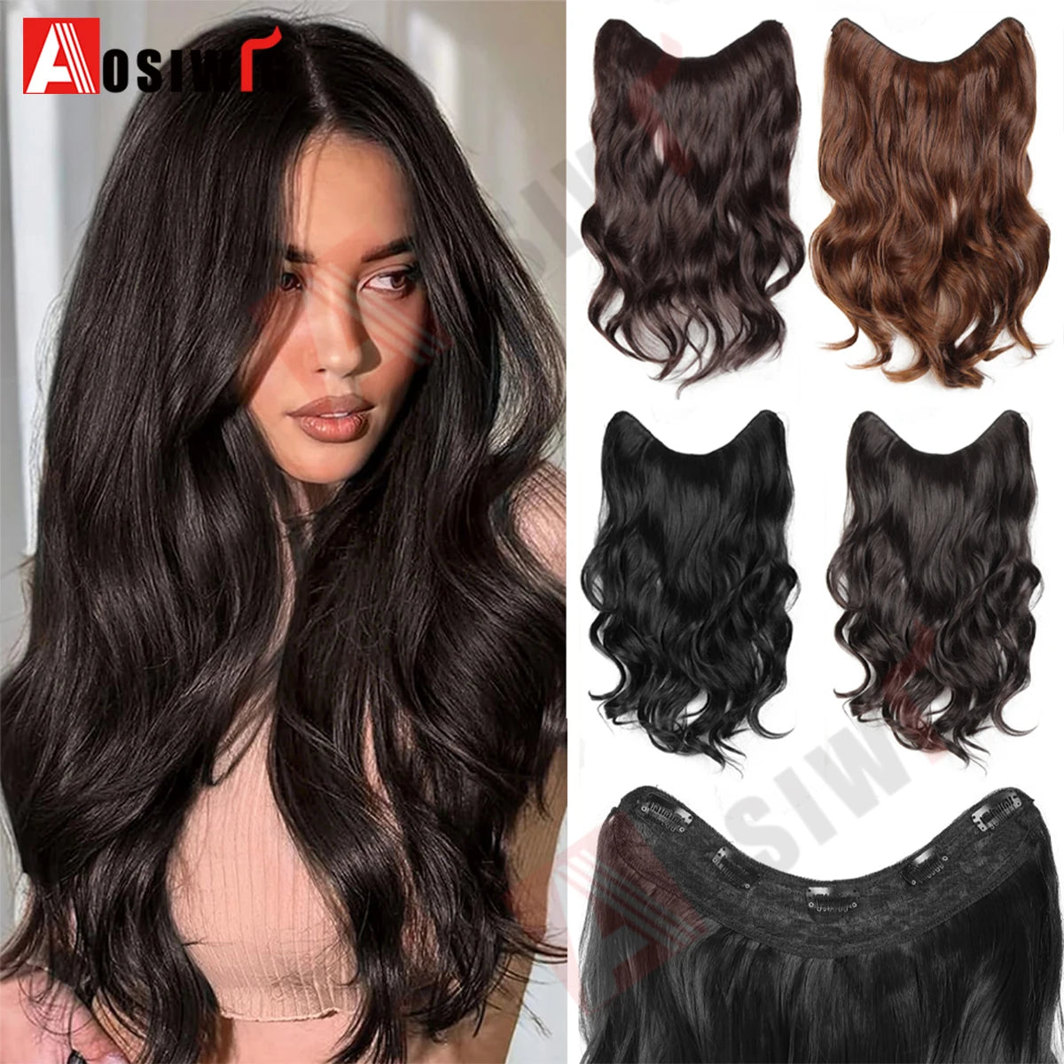 20Inch Synthetic Long Wavy Curly 5 Clip in Hair Extension Fashion Invisible V-shaped Heat Resistant Black Hairpiece