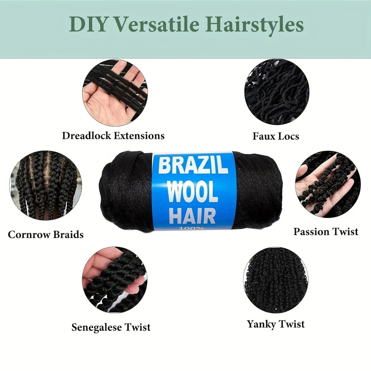 3-12Rolls Black Brazilian Wool Hair Acrylic Yarn For African Synthetic Crochet Hair Jumbo Braids Braids Twist Wraps70G/Roll