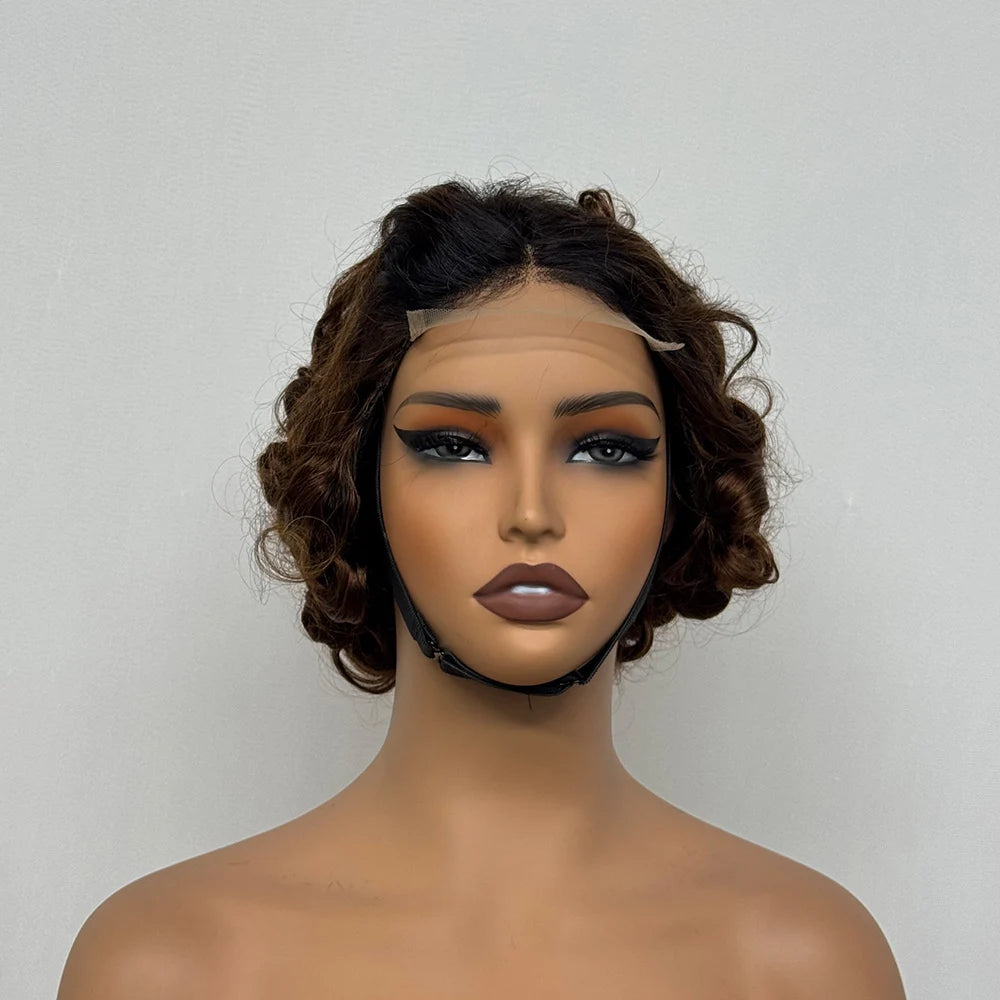 4x4 Lace Closure Wig Short Bouncy Texture Pixie Hair Real Human, 200%