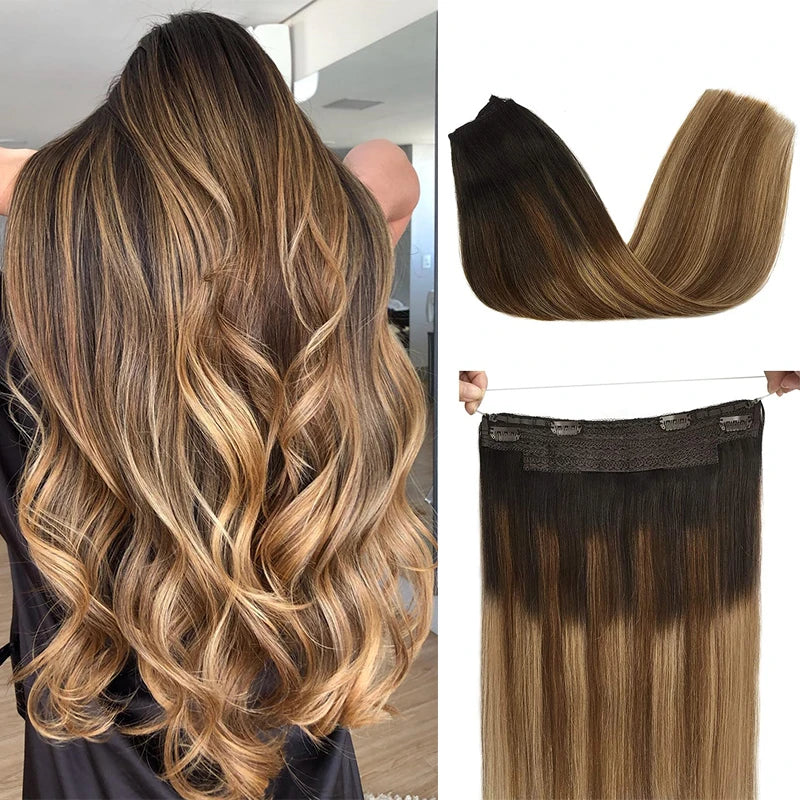 Wire in Hair Extensions Real Human Balayage Dark Brown To Chestnut Invisible