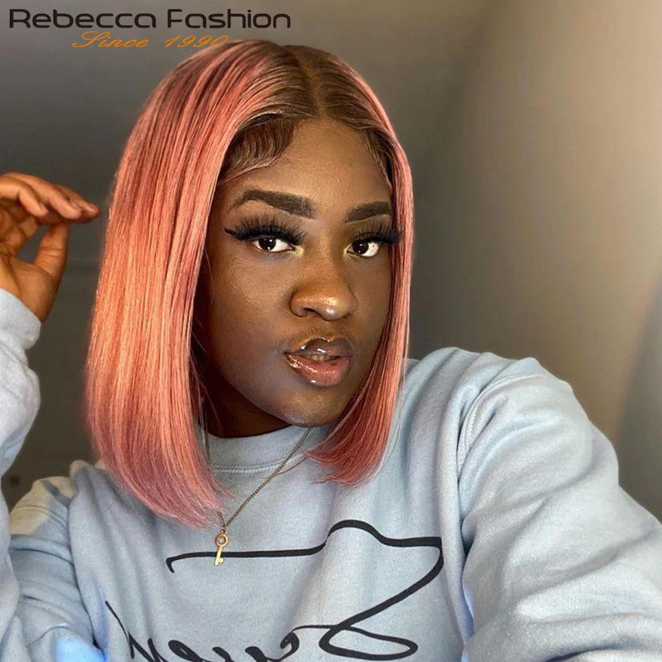 Short Cut Colored Pink Bob T Part Lace Wigs Human Hair 180D